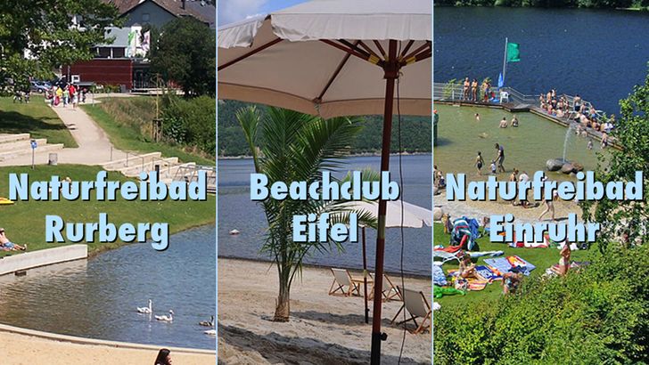 Drei Badestrände am Rursee: Naturbad Rurberg, Beachclub Eifel und das Naturbad Einruhr